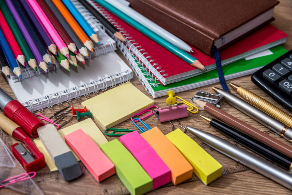 school supplies on a wooden table
