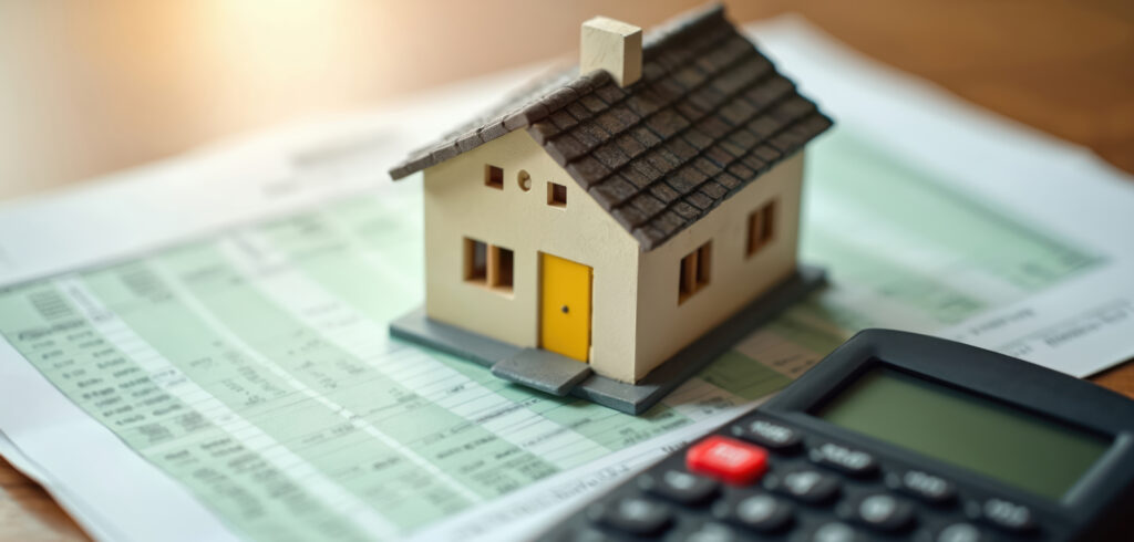 House model, calculator on finance report. Homeownership concept, real estate investment, mortgage calculation, property planning. Financial planning for buying selling renting house. Loan interest